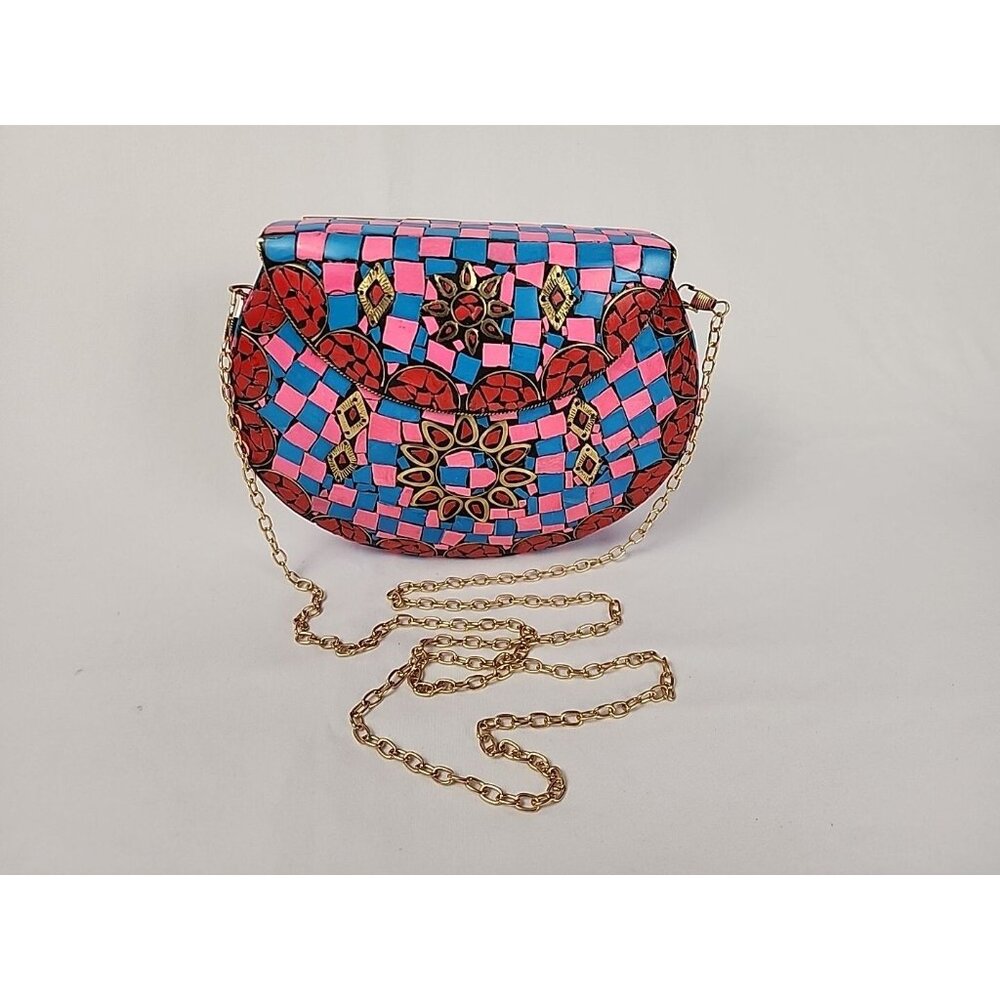 Ramla Mosaic Handmade‎ Bag Pink Blue with Detachable Chain Strap Selling Sunset